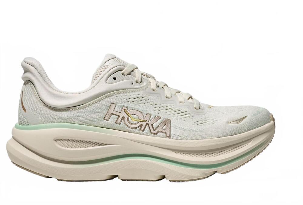 NEW HOKA women's bondi 9 shoe in truffle salt/sea glass